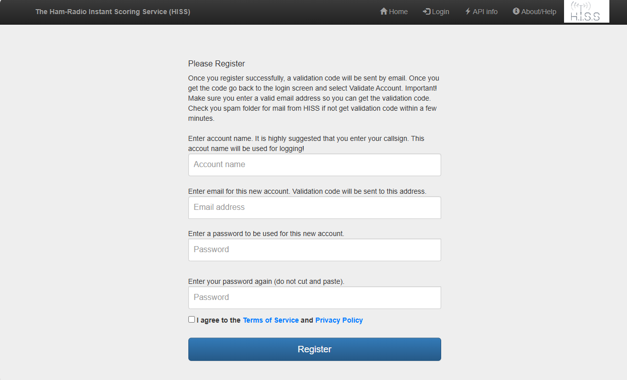 Register new account page